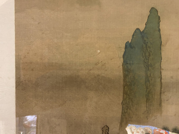 Chinese school, 18/19th C., ink and colour on silk: 'landscape with figures near a pagoda'