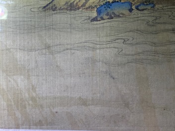 Chinese school, 18/19th C., ink and colour on silk: 'landscape with figures near a pagoda'