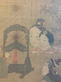 Chinese school, after Su Hanchen (1094-1172), ink and colour on silk: a lady and children near a fish bowl