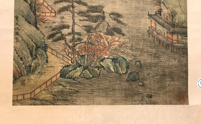 Chinese school, after Qiu Ying (c.1494-1551/52), ink and colour on silk: 'mountainous landscape', inscribed and dated 1545