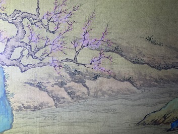 Chinese school, 18/19th C., ink and colour on silk: 'landscape with figures near a pagoda'