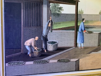 Chinese school, Canton, watercolour on paper, 19th C.: Four tea production scenes