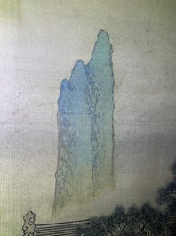 Chinese school, 18/19th C., ink and colour on silk: 'landscape with figures near a pagoda'