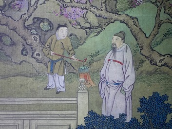 Chinese school, 18/19th C., ink and colour on silk: 'landscape with figures near a pagoda'