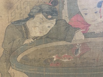 Chinese school, after Su Hanchen (1094-1172), ink and colour on silk: a lady and children near a fish bowl