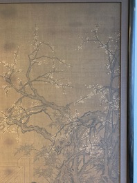 Chinese school, after Su Hanchen (1094-1172), ink and colour on silk: a lady and children near a fish bowl