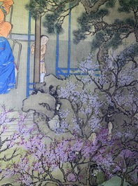 Chinese school, 18/19th C., ink and colour on silk: 'landscape with figures near a pagoda'