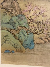 Chinese school, 18/19th C., ink and colour on silk: 'landscape with figures near a pagoda'