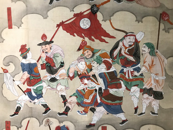 Ecole chinoise, encre et couleurs sur papier, Qing: 'Guerriers et saints en ciel'