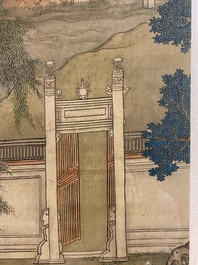 Chinese school, 18/19th C., ink and colour on silk: 'landscape with figures near a pagoda'