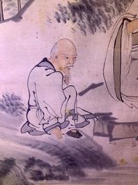 Chinese school, signed Su Liupeng (1791-1862), ink and colour on paper: 'Two scholars near a rock'
