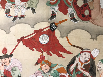 Ecole chinoise, encre et couleurs sur papier, Qing: 'Guerriers et saints en ciel'