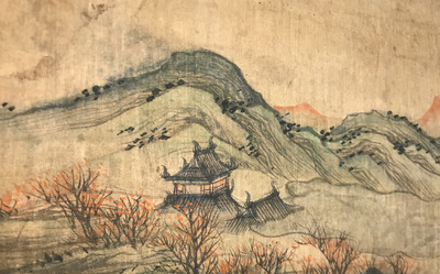 Chinese school, after Qiu Ying (c.1494-1551/52), ink and colour on silk: 'mountainous landscape', inscribed and dated 1545