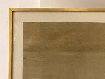 Chinese school, 18/19th C., ink and colour on silk: 'landscape with figures near a pagoda'