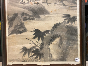 Chinese school, signed Su Liupeng (1791-1862), ink and colour on paper: 'Two scholars near a rock'