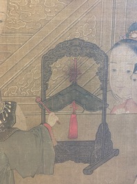 Chinese school, after Su Hanchen (1094-1172), ink and colour on silk: a lady and children near a fish bowl