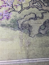 Chinese school, 18/19th C., ink and colour on silk: 'landscape with figures near a pagoda'