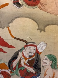 Ecole chinoise, encre et couleurs sur papier, Qing: 'Guerriers et saints en ciel'