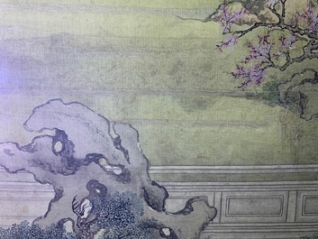 Chinese school, 18/19th C., ink and colour on silk: 'landscape with figures near a pagoda'