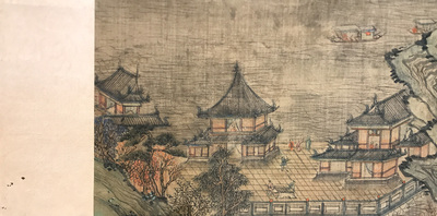 Chinese school, after Qiu Ying (c.1494-1551/52), ink and colour on silk: 'mountainous landscape', inscribed and dated 1545