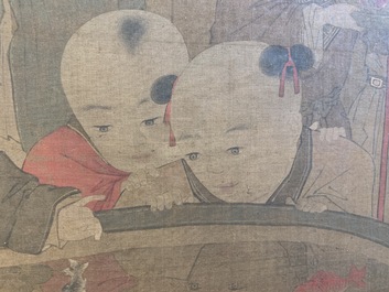 Chinese school, after Su Hanchen (1094-1172), ink and colour on silk: a lady and children near a fish bowl