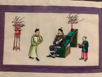 Ecole chinoise de Canton, encre et couleurs sur papier de riz, 19&egrave;me: une collection de 39 dessins dans six albums