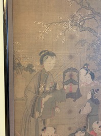 Chinese school, after Su Hanchen (1094-1172), ink and colour on silk: a lady and children near a fish bowl
