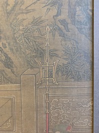 Chinese school, after Su Hanchen (1094-1172), ink and colour on silk: a lady and children near a fish bowl