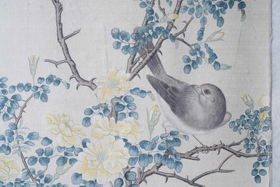 Chinese school, 19th C., ink and colour on silk: 'birds on blossoming branches'