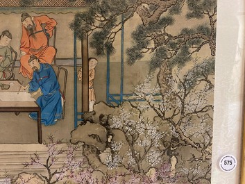 Chinese school, 18/19th C., ink and colour on silk: 'landscape with figures near a pagoda'
