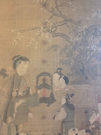 Chinese school, after Su Hanchen (1094-1172), ink and colour on silk: a lady and children near a fish bowl