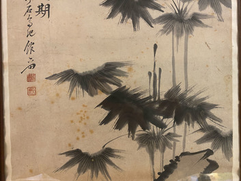 Chinese school, signed Su Liupeng (1791-1862), ink and colour on paper: 'Two scholars near a rock'