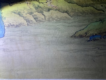 Chinese school, 18/19th C., ink and colour on silk: 'landscape with figures near a pagoda'