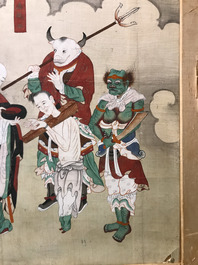 Ecole chinoise, encre et couleurs sur papier, Qing: 'Guerriers et saints en ciel'