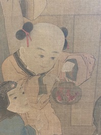 Chinese school, after Su Hanchen (1094-1172), ink and colour on silk: a lady and children near a fish bowl