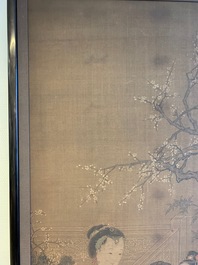 Chinese school, after Su Hanchen (1094-1172), ink and colour on silk: a lady and children near a fish bowl