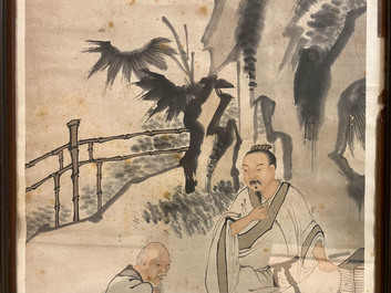 Chinese school, signed Su Liupeng (1791-1862), ink and colour on paper: 'Two scholars near a rock'