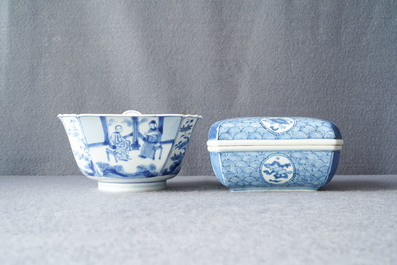 A Chinese blue and white square box and cover and a bowl, Chenghua mark, Kangxi