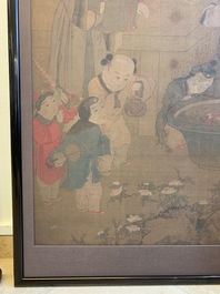 Chinese school, after Su Hanchen (1094-1172), ink and colour on silk: a lady and children near a fish bowl