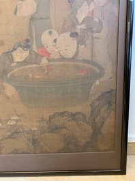 Chinese school, after Su Hanchen (1094-1172), ink and colour on silk: a lady and children near a fish bowl