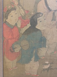 Chinese school, after Su Hanchen (1094-1172), ink and colour on silk: a lady and children near a fish bowl