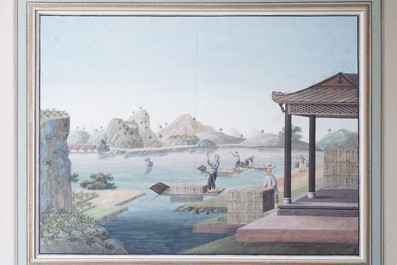 Chinese school, Canton, watercolour on paper, 19th C.: Four tea production scenes