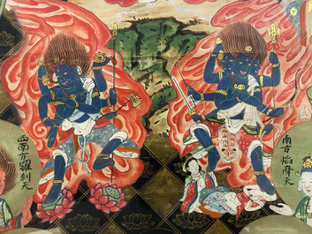 Ecole chinoise, encre et couleurs sur papier, Qing: 'Les guardiens du Bouddhisme'