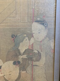 Chinese school, after Su Hanchen (1094-1172), ink and colour on silk: a lady and children near a fish bowl