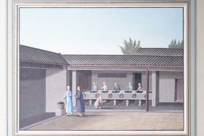 Chinese school, Canton, watercolour on paper, 19th C.: Four tea production scenes