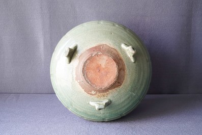 A large Chinese Longquan celadon tripod incense burner, Ming