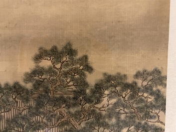 Chinese school, 18/19th C., ink and colour on silk: 'landscape with figures near a pagoda'
