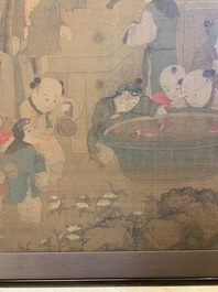 Chinese school, after Su Hanchen (1094-1172), ink and colour on silk: a lady and children near a fish bowl