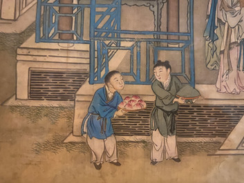 Chinese school, 18/19th C., ink and colour on silk: 'landscape with figures near a pagoda'