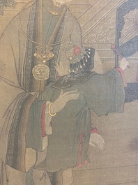 Chinese school, after Su Hanchen (1094-1172), ink and colour on silk: a lady and children near a fish bowl